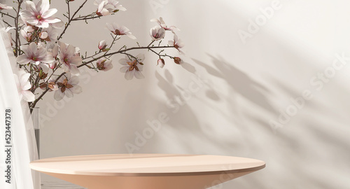 Realistic 3D render blank empty pastel pink podium with cherry blossom flower bouquet and blowing white curtain. Beauty products display, Backdrop, Advertising, Space, Foliage, Shadow, Sunlight.