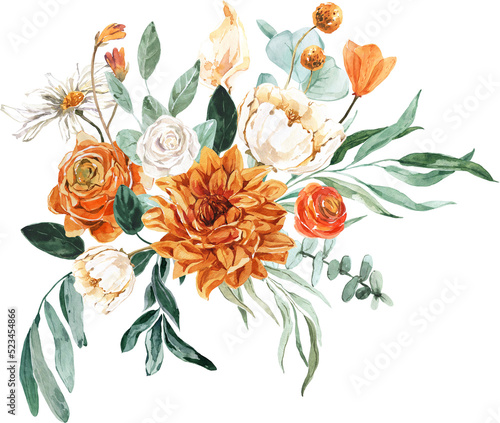 Autumn Garden Boho Orange Floral Watercolor Rustic Wedding Bouquet. Meadow Flowers Arrangement