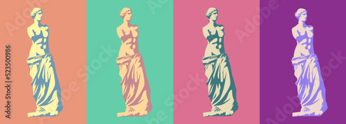 Statue of Venus de Milo (goddess of love) in four trendy color schemes.Stylization and division into light and shadow. Vector illustration, EPS 10. Classic sculpture concept in pop art style. Isolated