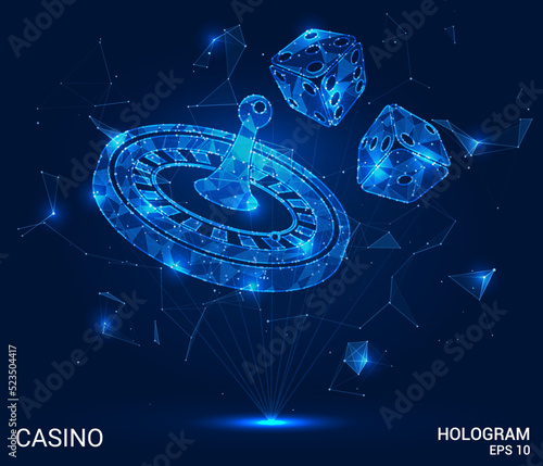 A casino hologram. Casino roulette and dice made of polygons, triangles of dots and lines. Casino roulette and dice are a low-poly compound structure. Technology concept vector.