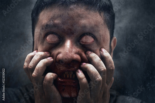 Man possessed on dark background, exorcist