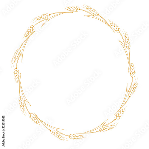 Round frame made of golden outline wheat or rye ears. Vector autumn wreath, border hand drawn in Doodle style, isolated on white background