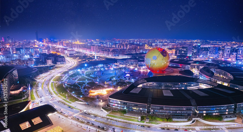 Nur-Sultan, Kazakhstan - August 8, 2022: main building of Expo 2017 in Astana, Exhibition Complex - Nur Alem Aerial drone view