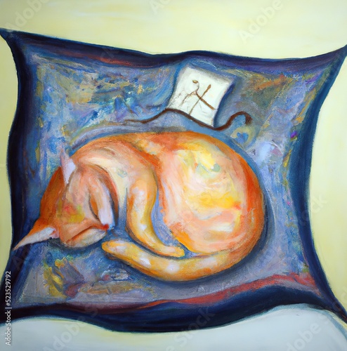 red cat sleeping on a pillow in the style of Marc Chagall, ai generated