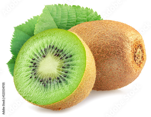 Kiwi fruit, kiwi slice and leaves isolated on white background.