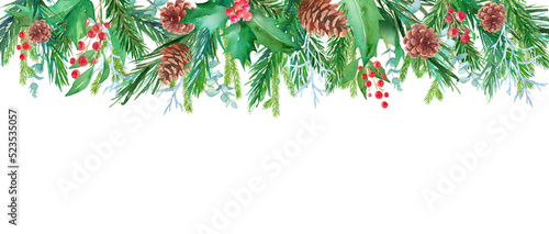 クリスマス装飾の水彩イラスト。松毬、もみの枝、西洋柊などのアレンジメント。フレームデザイン。（透過背景） 