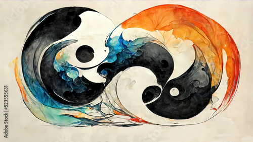 Yin Yang chinese ink painitng. Liquid, fluid abstract yin yang drawing, melting together.