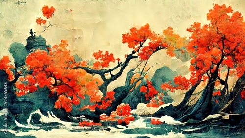 Autumn, fall, traditional chinese painitng. 4K background, chinese ink with orange colors. Old asian art. Landscape, orange trees, hills, mountains on paper.
