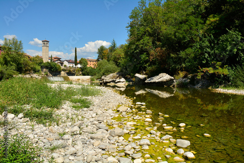 The Natisone river during the 2022 drought as it flows through the north east Italian town of Cividale del Friuli, Udine Province, Friuli-Venezia Giulia. Normally a popular swimming spot during the su