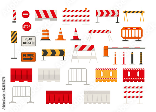 Traffic road barriers or barricades set for safety of driving, flat vector illustration isolated on white background.