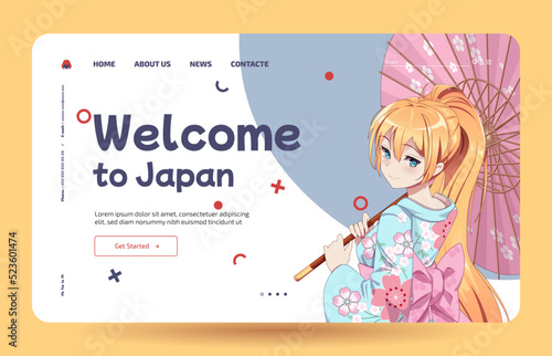 Anime manga girls in traditional Japanese kimono costume holding umbrella. Learn Japanese - Landing page template