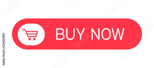 Red vector button buy now with text and trolley in the middle isolated on white background..