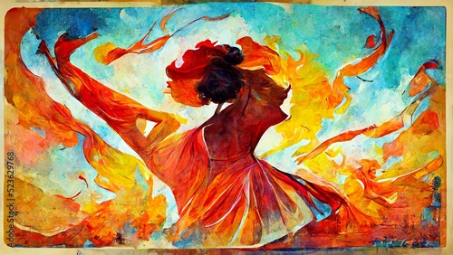 Abstrakte Zeichnung einer tanzen Frau in hellem, orangem Kleid