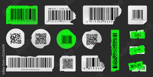 Damaged or spoiled QR codes and barcode labels. Beautiful damaged or curl qr code and barcode stickers. Round, square or rectangular labels. White and acid green colors. Trendy Vector graphic elements