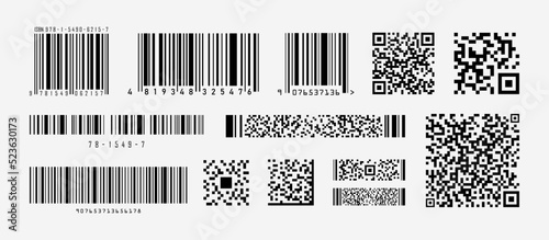 Beautiful QR code and Barcode, isolated on white background. Square and Rectangular sign. Code qr for identification product in shop. Template signs. Industrial Barcode isolated vector set.