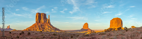 scenic view to the Mittens butte in monument valley seen from visitor center in early morning