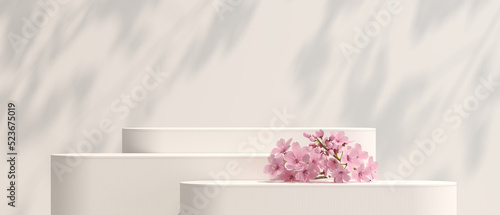 Minimal background. podium and sakura with white background for product presentation. 3d rendering illustration.
