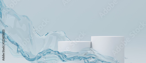 3d cosmetic background. podium and abstract water splash blue background for banner, product or cosmetics presentation. 3d rendering illustration.