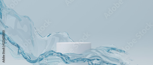 3d cosmetic background. podium with abstract water splash blue background for banner, product or cosmetics presentation. 3d rendering illustration.