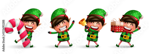Elf christmas characters vector set. Elves 3d kids character with candy cane, gift and bell xmas elements standing and isolated in white background for xmas collection design. Vector illustration. 