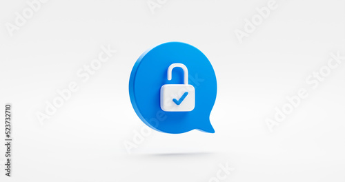 Unlock 3d icon isolated on white background with blue secure safety lock password bubble message security symbol or secret privacy access protection sign and private open key safe firewall protect.