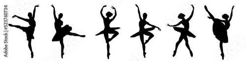 Collection of silhouette vector illustrations of ballerina dancing ballet isolated on white background.