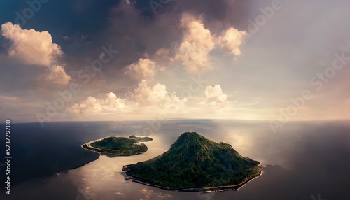 Islands in the ocean. Philippine fantasy islands in the ocean aerial photography. Beautiful neon sunset, clouds. 3D illustration.