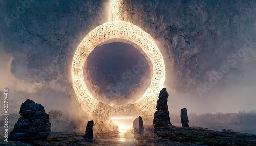Abstract fantasy night landscape. Mountains and rocks, neon glowing portal in a stone mountain. Passage to another world, abstract door. Fantasy landscape. Unreal world. 3D illustration.