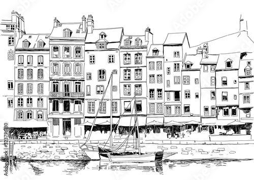 Drawing bay of Honfleur. Hand drawn illustration. Suitable for print, postcard, sketchbook cover. 