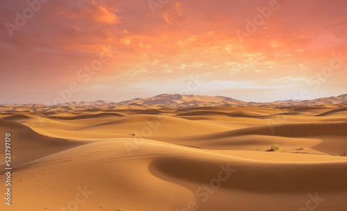 Majestic beautiful scene of Merzouga dunes of Sahara desert Morocco