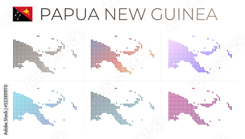 Papua New Guinea dotted map set. Map of Papua New Guinea in dotted style. Borders of the country filled with beautiful smooth gradient circles. Artistic vector illustration.