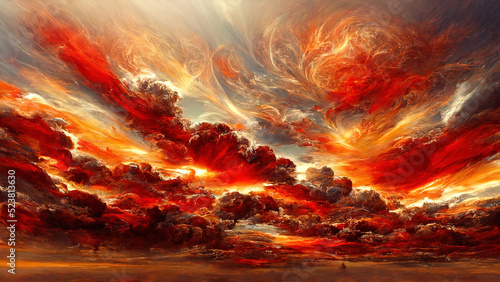Fiery orange sunset sky. Colorful colors of dawn. Incredible beauty.A beautiful and colorful abstract nature background. Illustration 3d