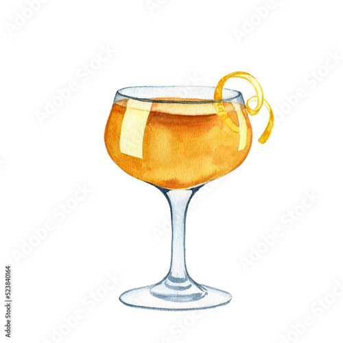 watercolor drawing glass with sidecar cocktail at white background,hand drawn illustration