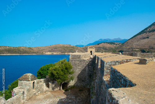 Walls of an old fortress Ali Pasha Tepelena Fortress Porto Palermo near Himare city located on a peninsula in the bay of the Ionian Sea. Albania