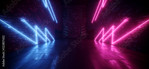 Cyber Neon Glowing Purple Blue Futuristic Sci Fi Brick Walls Garage Tunnel Underground Parking Grunge Concrete Floor Dark Vibrant Night 3D Rendering