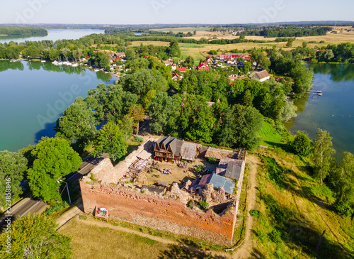 Stare Drawsko, Poland August 16 2022: Ruins of the Castle of the Templati Drahim on Lake Drawsko