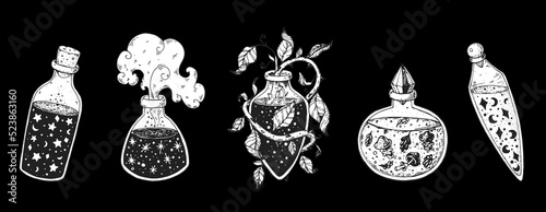 Witch's potion collection. Poison, drug, decoction sketch. Magic bottled drinks. Black and white. Hand drawn vector illustration. Witch potion vial set. Happy Halloween