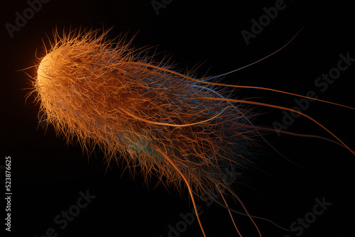A flagellated bacteria or microbe, 3d rendering medical illustration. E coli or other bacterial microorganism