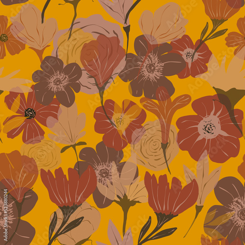 Floral abstract fall flower seamless pattern. Flower seamless background. Yellow and brown flowers. Abstract autumn line art drawing. Botanical fall seamless pattern. 