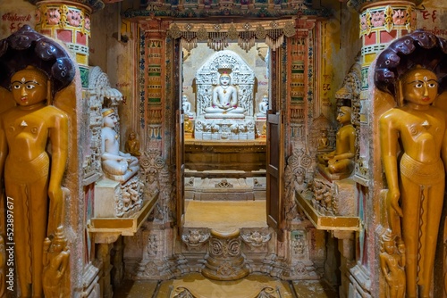 Indoors of the jain temples Jaisalmer in Rajasthan, India