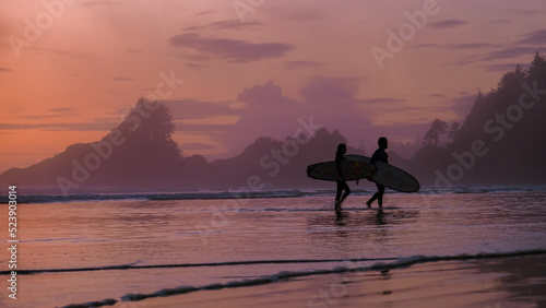 Tofino Vancouver Island Pacific rim coast, surfers with surfboard during sunset at the beach, surfers silhouette Canada Vancouver Island Tofino Vancouver Islander Island 