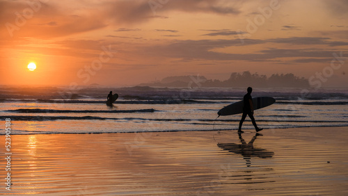 Tofino Vancouver Island Pacific rim coast, surfers with surfboard during sunset at the beach, surfers silhouette Canada Vancouver Island Tofino Vancouver Islander Island 