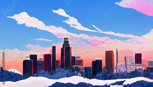 Los Angeles skyline, Orange lit up city from a sunset
