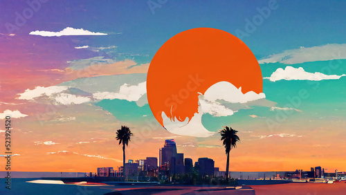 California skyline, Orange lit up city from a sunset