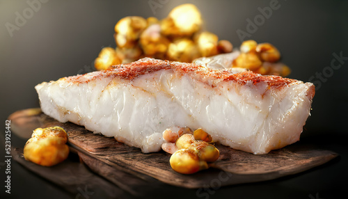 Close-up of fried cod loin with vegetable roast potatoes and cherry tomatoes on wooden table. Concept generated in Ai.