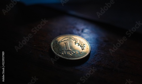 Closeup of a one grosz coin on a dark background