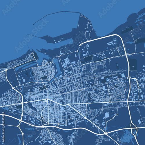 Detailed vector map poster of Calais city, linear print map. Blue skyline urban panorama.