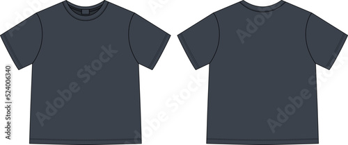 Apparel technical sketch unisex t shirt. Black color. T-shirt design template. Front and back views.