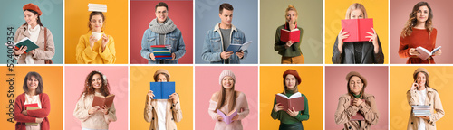 Collage of people in autumn clothes and with books on color background