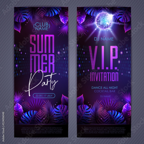 Summer tropic disco party poster with fluorescent tropic leaves and disco ball. Invitation design. Summer background. Vector illustration